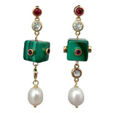 Green Malachite Cube & Pearl Stud Earrings