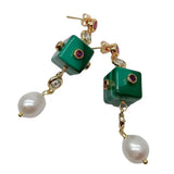 Green Malachite Cube & Pearl Stud Earrings