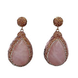 Golden Crystal Pave Rose Quartz Teardrop Leather Earrings