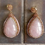 Golden Crystal Pave Rose Quartz Teardrop Leather Earrings