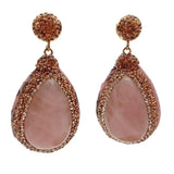 Golden Crystal Pave Rose Quartz Teardrop Leather Earrings