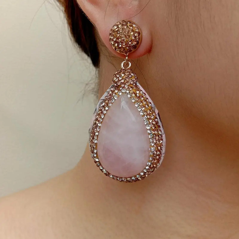 Golden Crystal Pave Rose Quartz Teardrop Leather Earrings