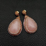 Golden Crystal Pave Rose Quartz Teardrop Leather Earrings