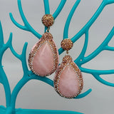 Golden Crystal Pave Rose Quartz Teardrop Leather Earrings