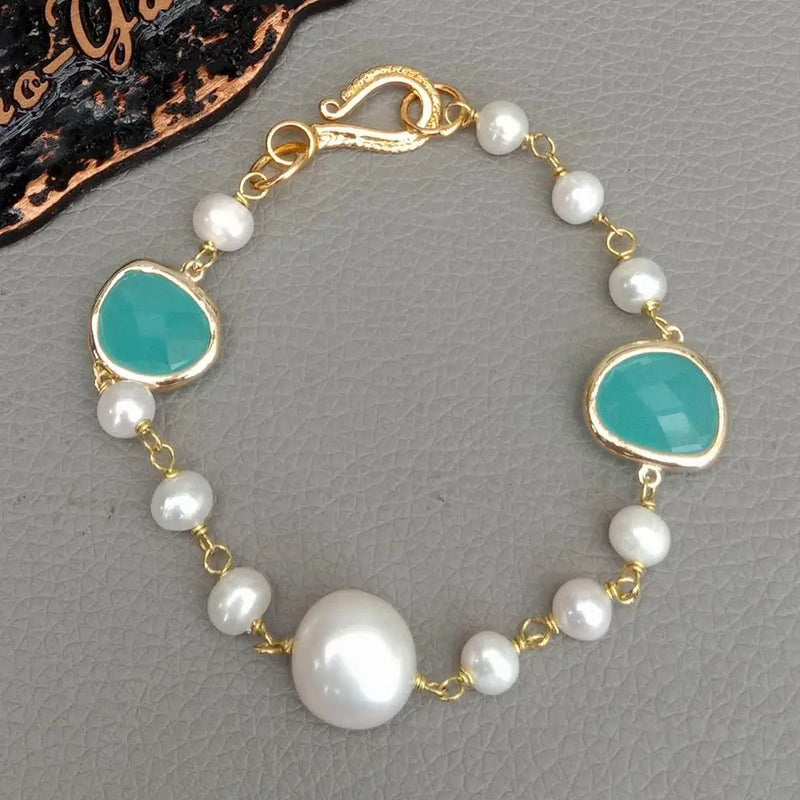 KKGEM 8'' Freshwater Pearl Crystal Wrap Bracelet Leaves Birthday Bracelet