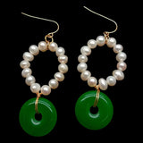 KKGEM Freshwater Pearl Green Jade Circle Earrings 23mm