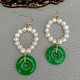 KKGEM Freshwater Pearl Green Jade Circle Earrings 23mm