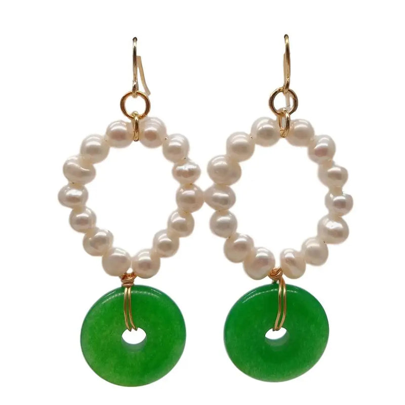 KKGEM Freshwater Pearl Green Jade Circle Earrings 23mm
