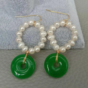 KKGEM Freshwater Pearl Green Jade Circle Earrings 23mm