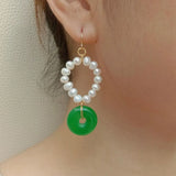 KKGEM Freshwater Pearl Green Jade Circle Earrings 23mm