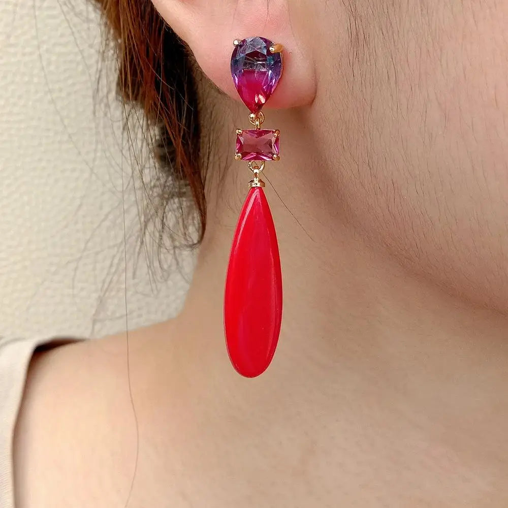 KKGEM Crystal Teardrop Red Turquoise Stud Earrings Vintage Women