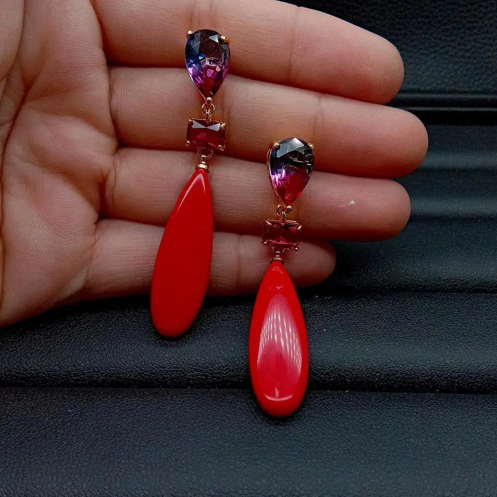 KKGEM Crystal Teardrop Red Turquoise Stud Earrings Vintage Women
