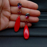 KKGEM Crystal Teardrop Red Turquoise Stud Earrings Vintage Women