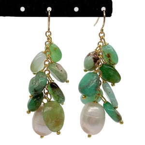 Natural Green Chrysoprase Cultured Pearl Dangle Earrings