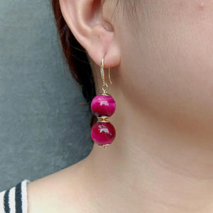 KKGEM Natural 15mm Tiger Eye Drop Earrings Fuchsia Plated Hook