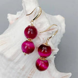 KKGEM Natural 15mm Tiger Eye Drop Earrings Fuchsia Plated Hook
