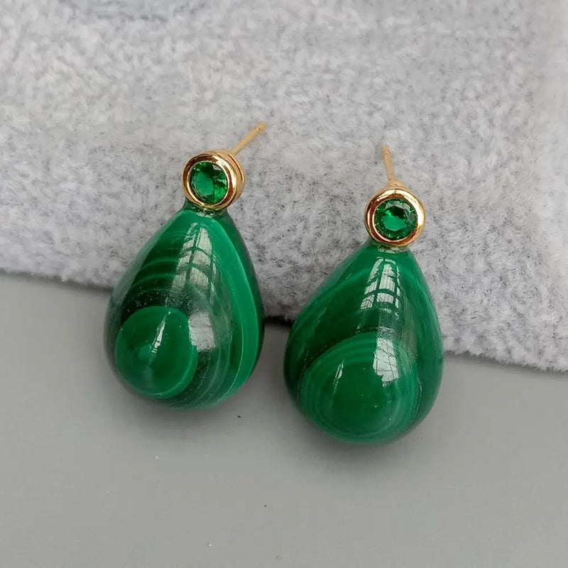 KKGEM Green Malachite Teardrop CZ Stud Earrings