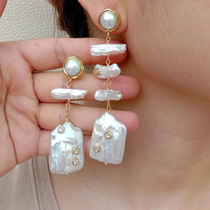 KKGEM Keshi Pearl Rectangle Biwa Pearl Dangle Earrings