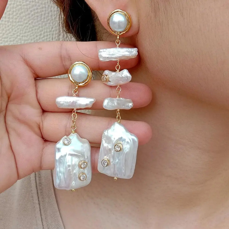 KKGEM Keshi Pearl Rectangle Biwa Pearl Dangle Earrings