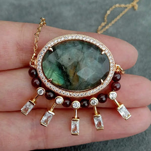 KKGEM Labradrite Garnet Cz Beads Chain Necklace