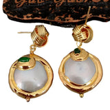 KKGEM 21mm Coin Freshwater Pearl Earrings with Green cz Pave