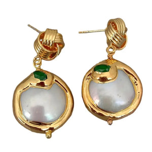 KKGEM 21mm Coin Freshwater Pearl Earrings with Green cz Pave