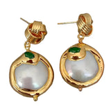 KKGEM 21mm Coin Freshwater Pearl Earrings with Green cz Pave