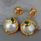 KKGEM 21mm Coin Freshwater Pearl Earrings with Green cz Pave