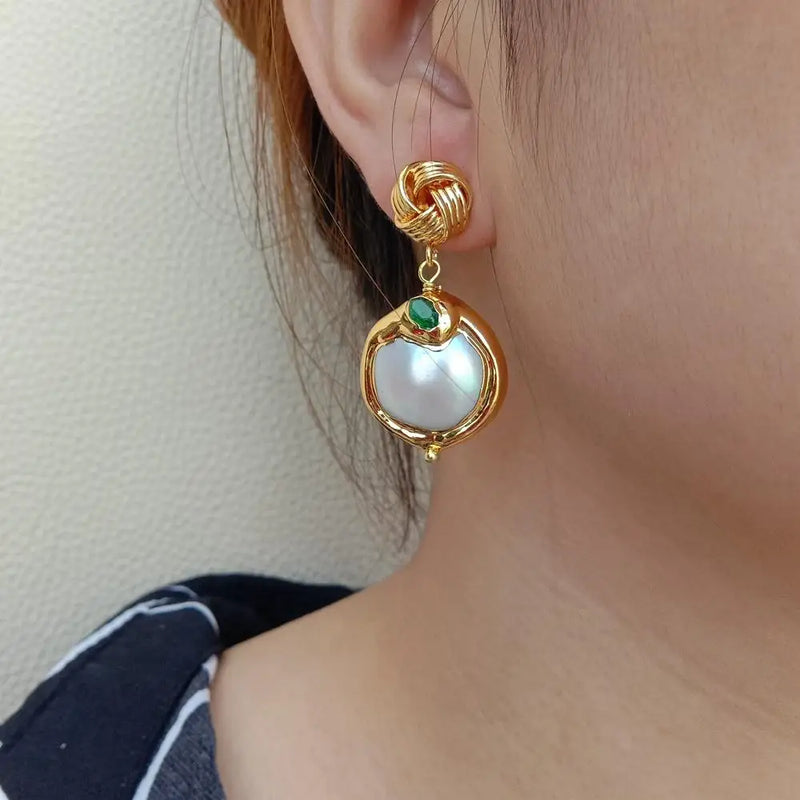 KKGEM 21mm Coin Freshwater Pearl Earrings with Green cz Pave