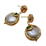 KKGEM 21mm Coin Freshwater Pearl Earrings with Green cz Pave