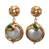 KKGEM 21mm Coin Freshwater Pearl Earrings with Green cz Pave