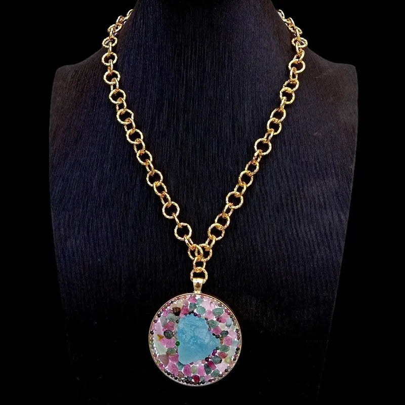 KKGEM Natural Aquamarine Rough Tourmaline Bead Pendant Necklace