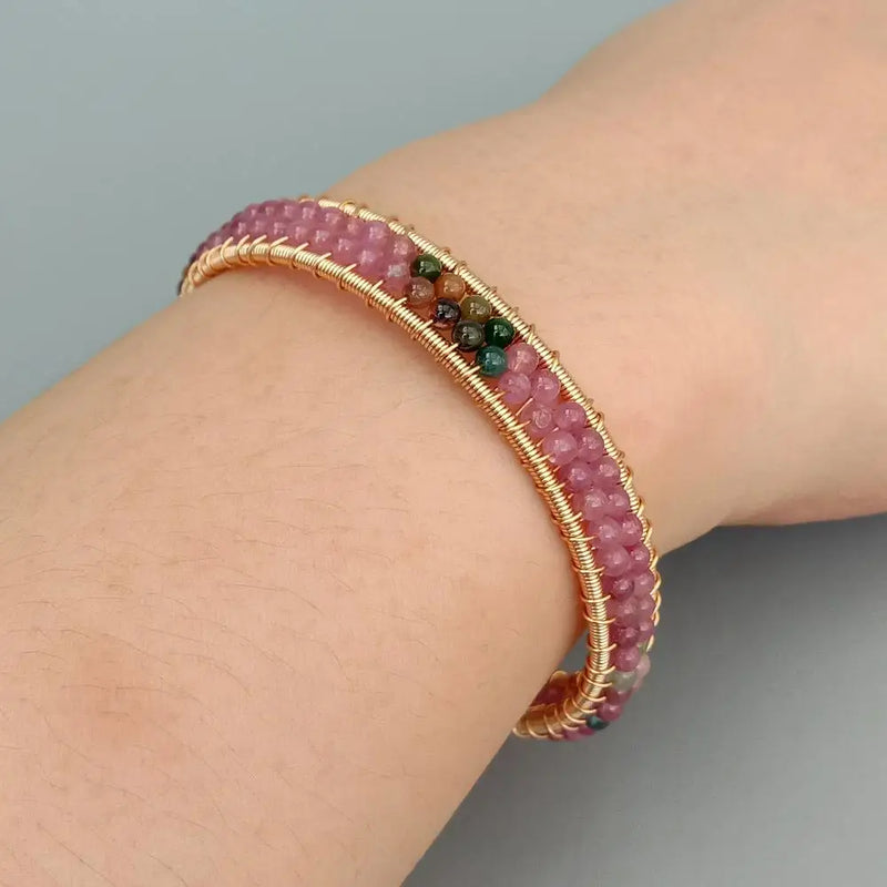KKGEM 3mm Pink Tourmaline Pearl Wrap Bracelet
