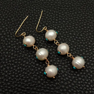 KKGEM Freshwater Pearl Turquoise Cz Dangle Earrings