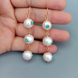 KKGEM Freshwater Pearl Turquoise Cz Dangle Earrings