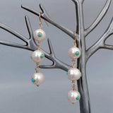 KKGEM Freshwater Pearl Turquoise Cz Dangle Earrings