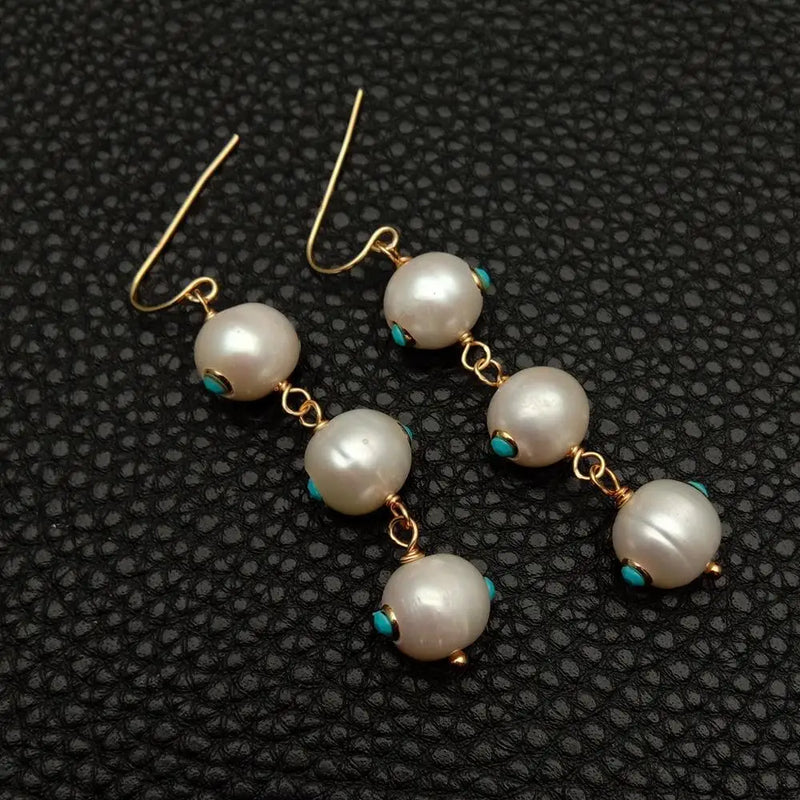 KKGEM Freshwater Pearl Turquoise Cz Dangle Earrings