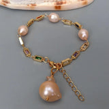 KKGEM Pink Reborn keshi Pearl CZ Pave Bead Chain Bracelet