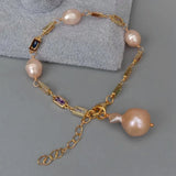 KKGEM Pink Reborn keshi Pearl CZ Pave Bead Chain Bracelet