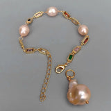 KKGEM Pink Reborn keshi Pearl CZ Pave Bead Chain Bracelet