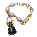 KKGEM Natural Freshwater Pearl CZ Insect Charm Bracelet 8''