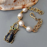 KKGEM Natural Freshwater Pearl CZ Insect Charm Bracelet 8''