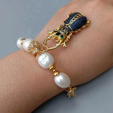 KKGEM Natural Freshwater Pearl CZ Insect Charm Bracelet 8''