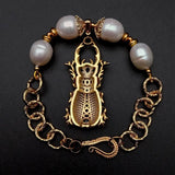 KKGEM Natural Freshwater Pearl CZ Insect Charm Bracelet 8''