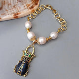 KKGEM Natural Freshwater Pearl CZ Insect Charm Bracelet 8''