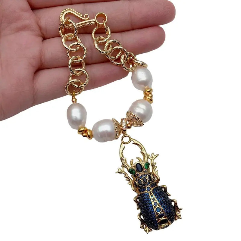 KKGEM Natural Freshwater Pearl CZ Insect Charm Bracelet 8''