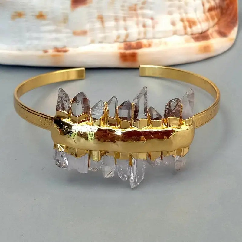 KKGEM Punk Clear Quartz Druzy Plated Bangle Bracelet