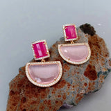 KKGEM Semicircle Pink Rectangle Fuchsia Cat Eye Dangle Stud Earrings