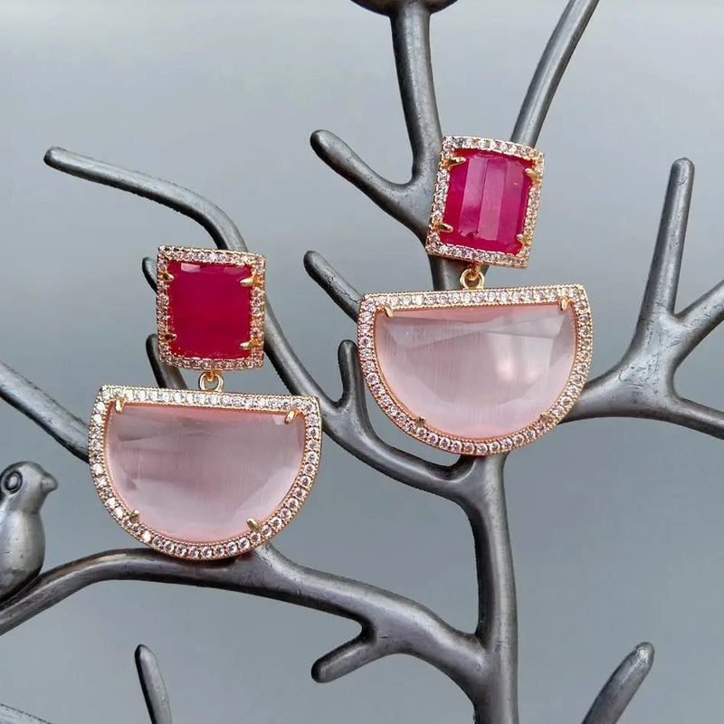 KKGEM Semicircle Pink Rectangle Fuchsia Cat Eye Dangle Stud Earrings