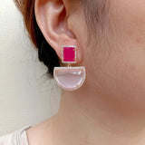 KKGEM Semicircle Pink Rectangle Fuchsia Cat Eye Dangle Stud Earrings